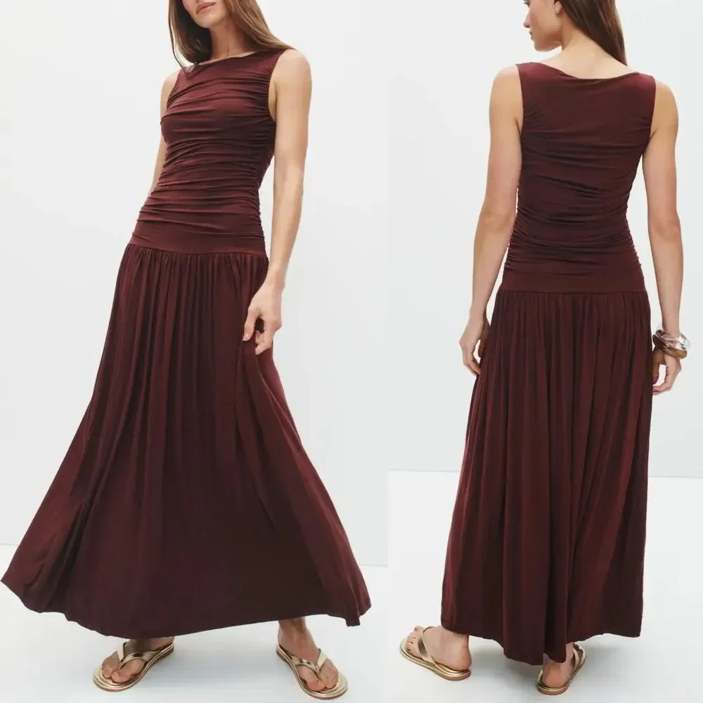 Summer Away Patmos Dress Sleeveless Ruched Drop Waist Maxi Dark Walnut Brown XS - Picture 2 of 8